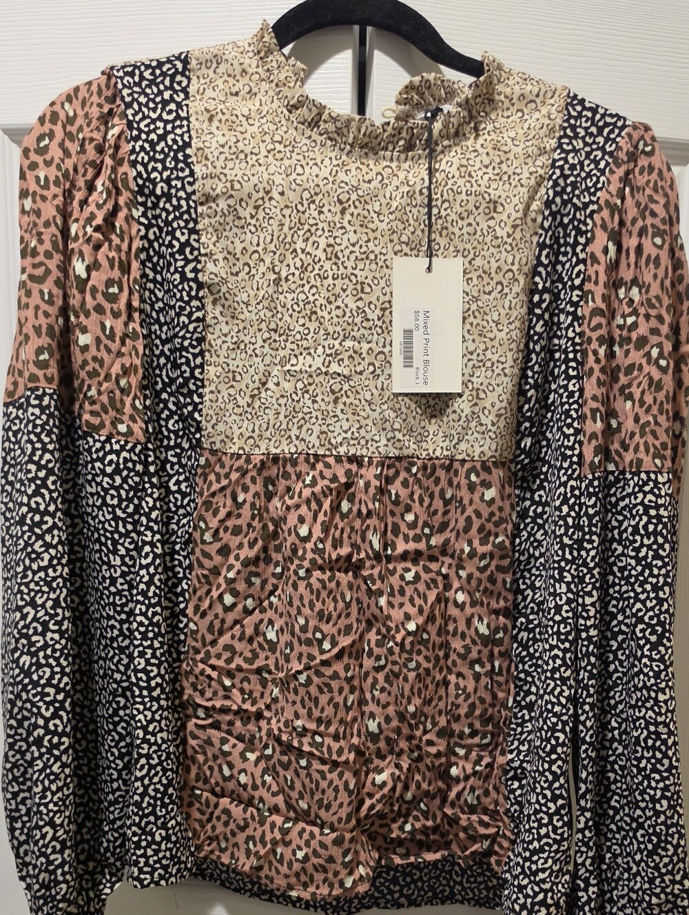 THML Mixed Animal Print Patchwork Ruffle-Neck Blouse - Pink Multi